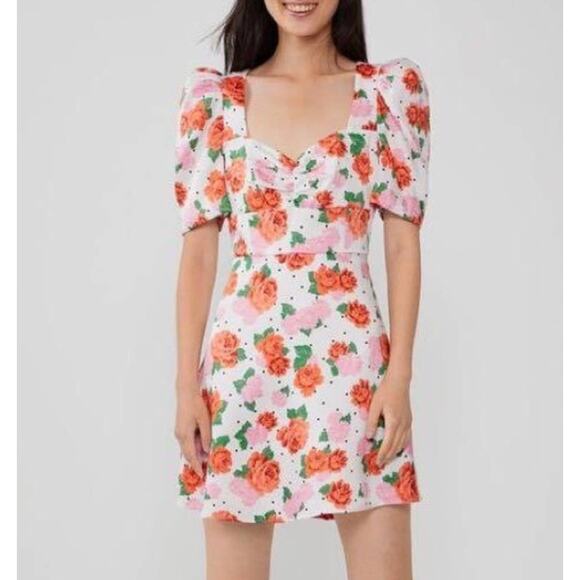 ZARA Orange Floral Puff Sleeve Mini Dress - Picture 1 of 9